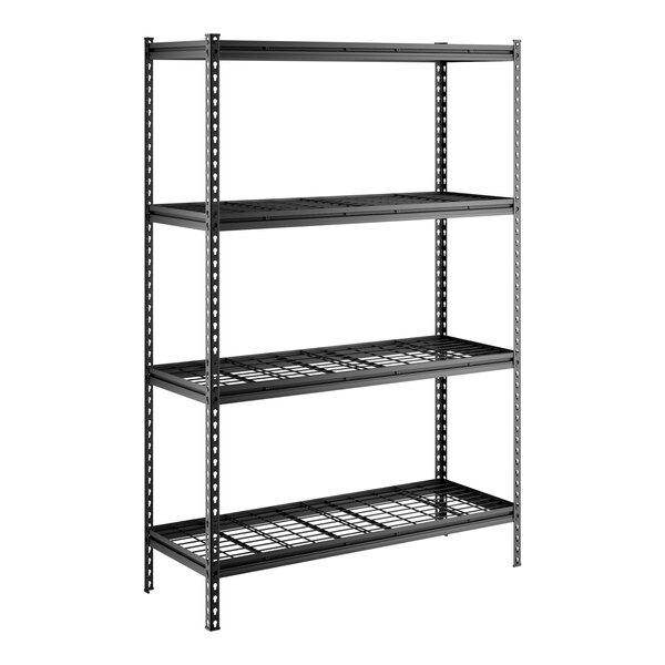 A black metal 4-shelf boltless wire shelving unit with Z-beam construction and 72-inch uprights.