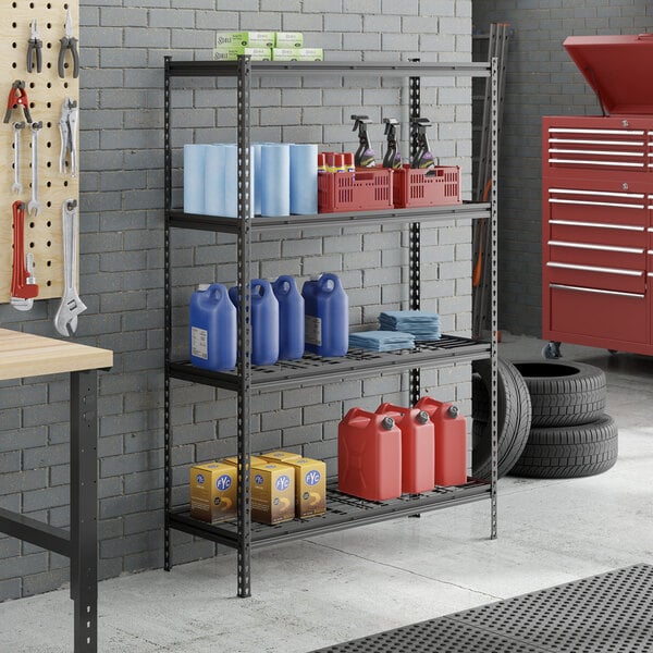 A black metal 4-shelf boltless wire shelving unit with 72-inch uprights, holding various garage and automotive supplies.
