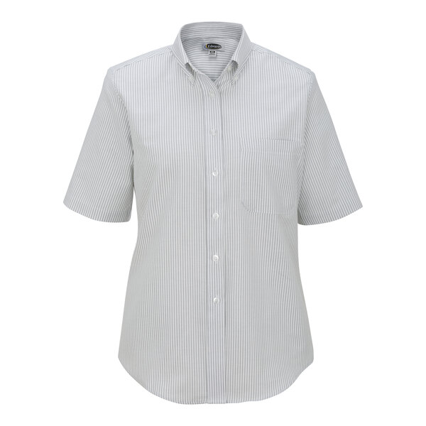 A close-up of a medium women's grey stripe short sleeve Edwards dress shirt.
