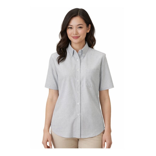 A women's light gray short sleeve oxford dress shirt with a button-down front and chest pocket.