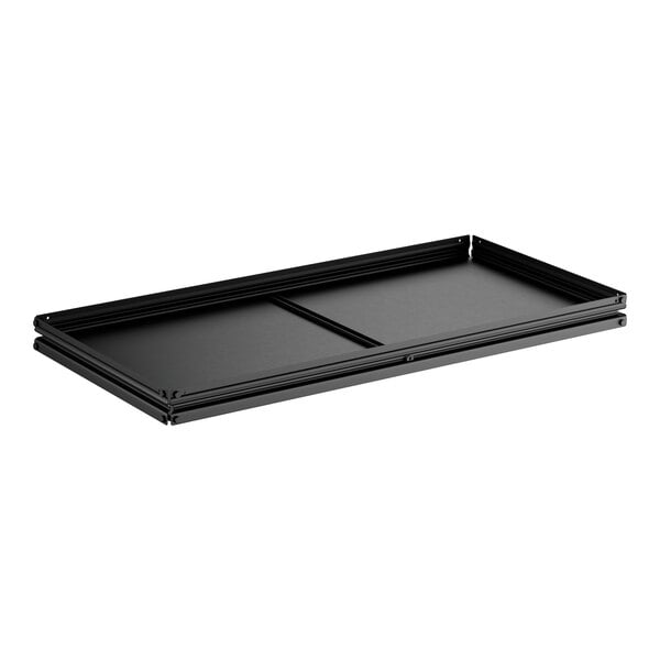 A set of black rectangular laminate shelves designed for boltless shelving units.