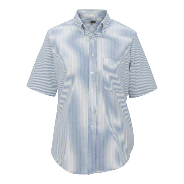 A medium women's blue and white striped button-up shirt.