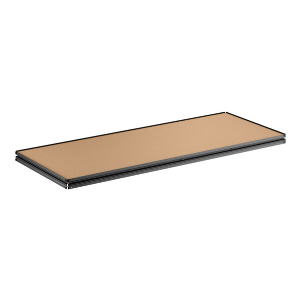 A rectangular black Z-beam particleboard shelf designed for boltless shelving units.