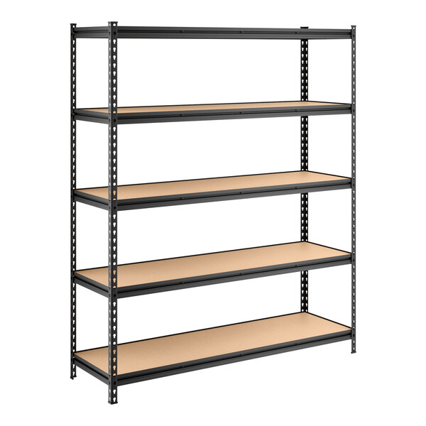 A black metal shelving unit with five particle board shelves and 72-inch uprights.