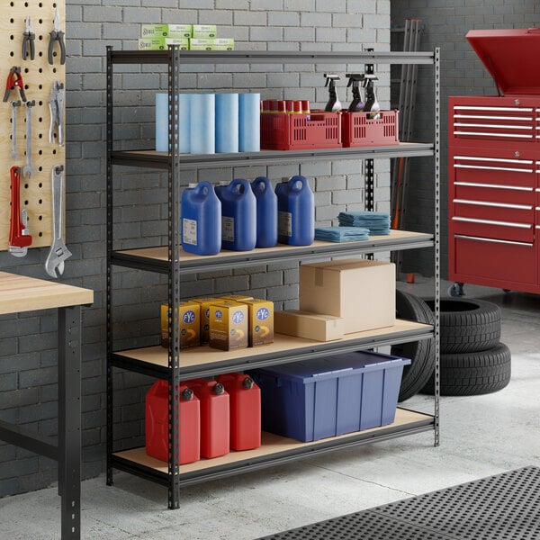 A black Z-beam 5-shelf boltless shelving unit with particle board shelves, used for organized storage in a garage or workshop.
