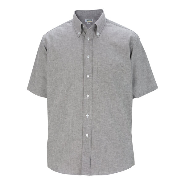 A men's gray short sleeve button-up oxford dress shirt with a front pocket.