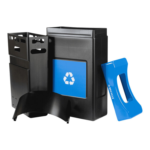 A black Commercial Zone recycling bin with a blue recycle handle and a blue plastic bag.