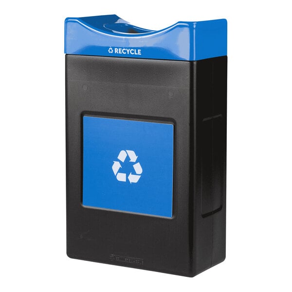 A blue Commercial Zone recycling bin with a blue lid and recycle symbol.