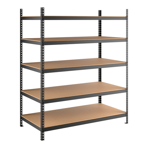 A black heavy-duty boltless shelving unit with five particleboard shelves and metal uprights.