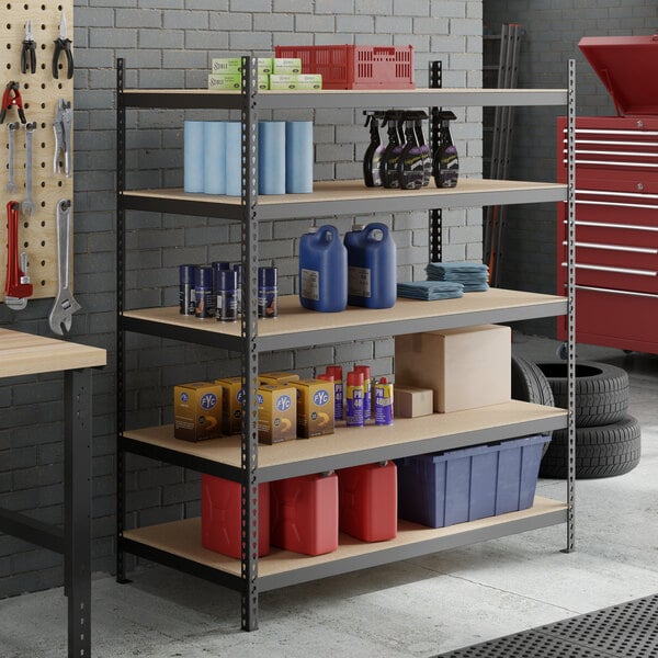 A black heavy-duty five-shelf boltless particle board shelving unit with various storage items placed on the shelves.