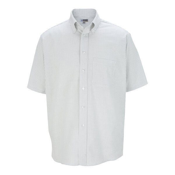 A men's short sleeve gray striped button-up dress shirt with a front pocket.