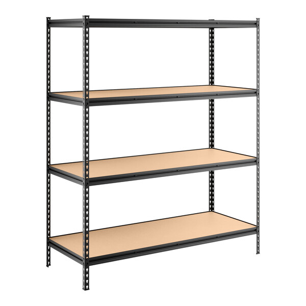 A black metal shelving unit with four particle board shelves and 72-inch uprights.