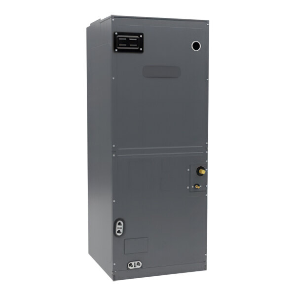 A grey rectangular Goodman air handler with a black door.