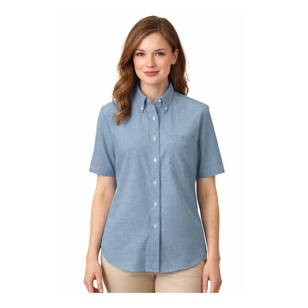 A women's light blue short sleeve button-up oxford dress shirt.