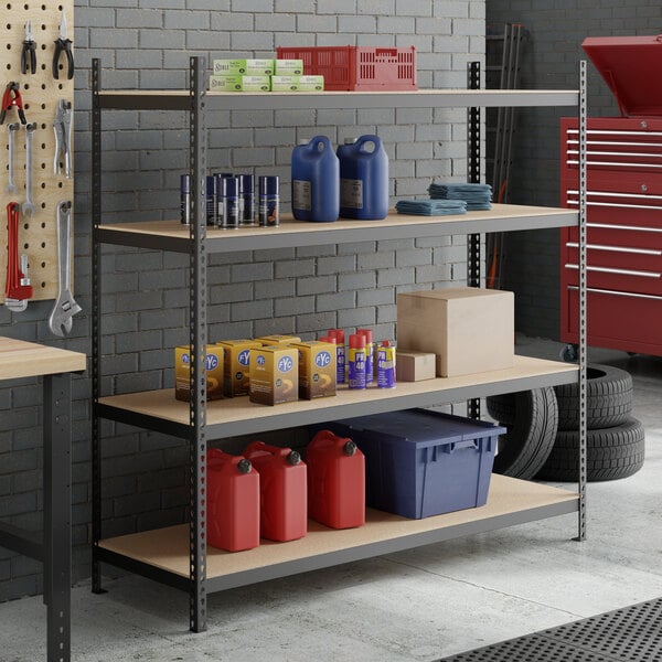 A heavy-duty black metal shelving unit with five particle board shelves, used for garage or workshop storage.