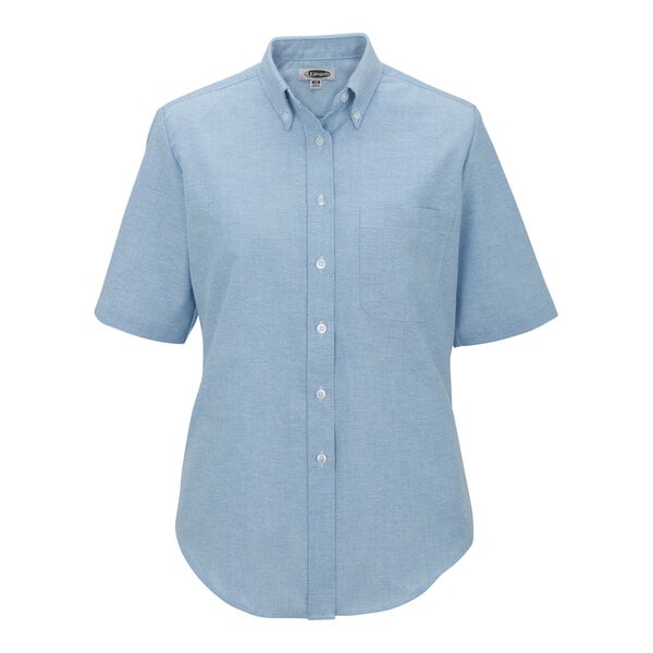 A women's light blue short sleeve Edwards dress shirt on a mannequin.