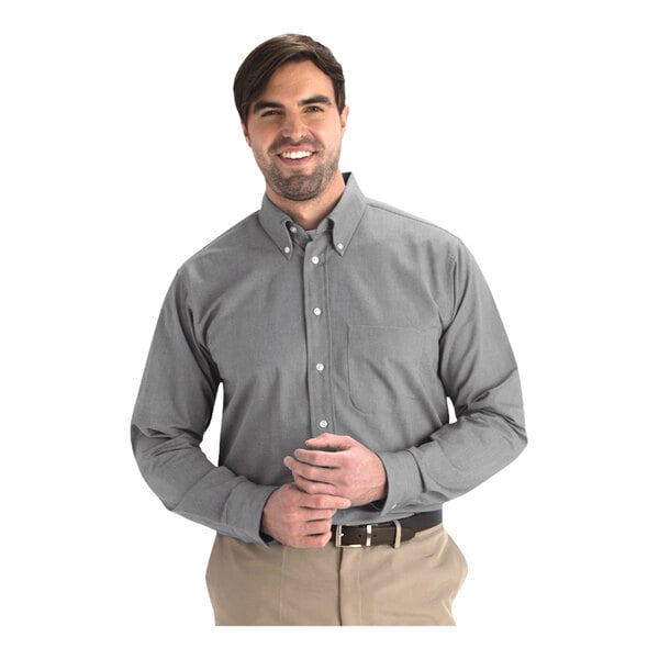 A men's gray long sleeve button-up oxford dress shirt with a front pocket.