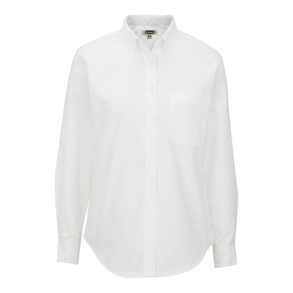 A close up of a Edwards women's white long sleeve button down Oxford dress shirt.