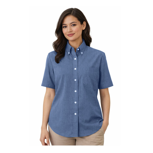 A women's medium short sleeve French blue oxford dress shirt with a button-down front and chest pocket.