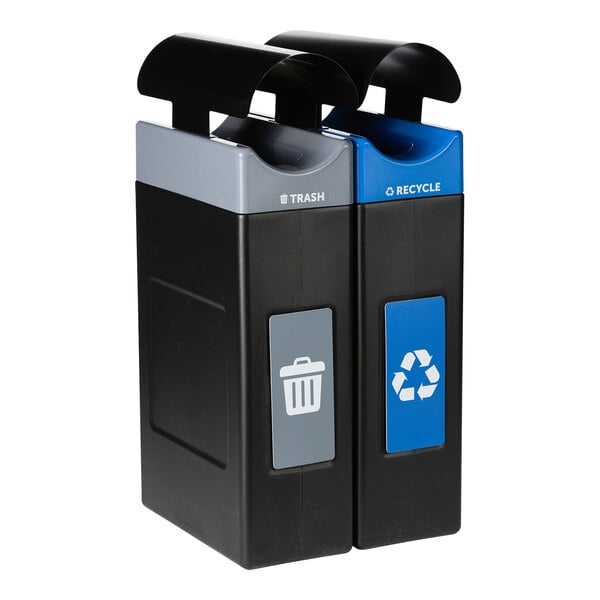 A black and grey Commercial Zone Avante narrow two stream trash and recycling receptacle with canopy tops. The recycling bin is blue.