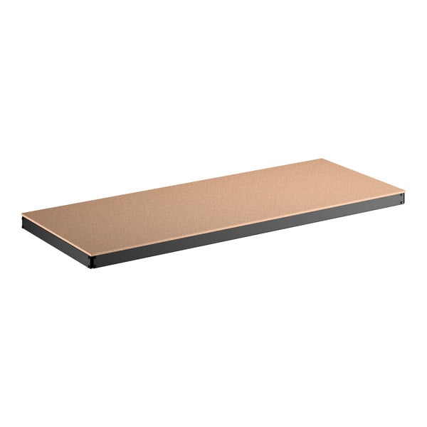 A rectangular particleboard shelf with black edges designed for heavy-duty boltless shelving units.