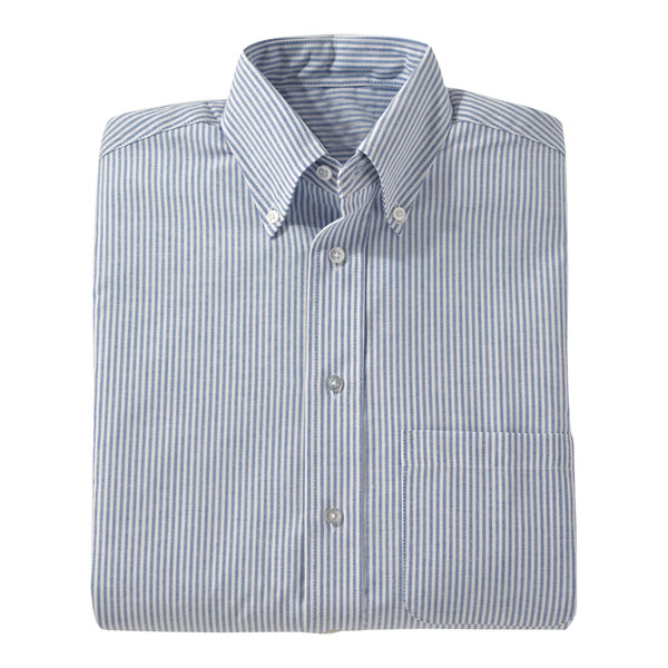 A folded Edwards blue and white striped short sleeve dress shirt.