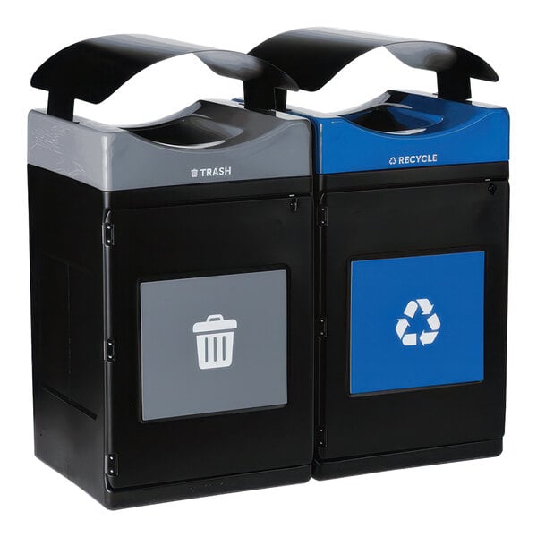Two blue and gray Commercial Zone recycle bins with canopy tops.