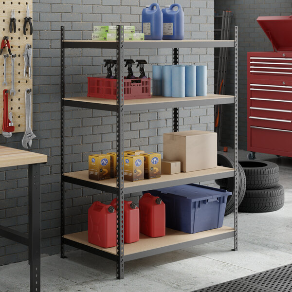 A black heavy-duty beam particle board shelf unit with five shelves, holding various storage containers and supplies in a garage setting.