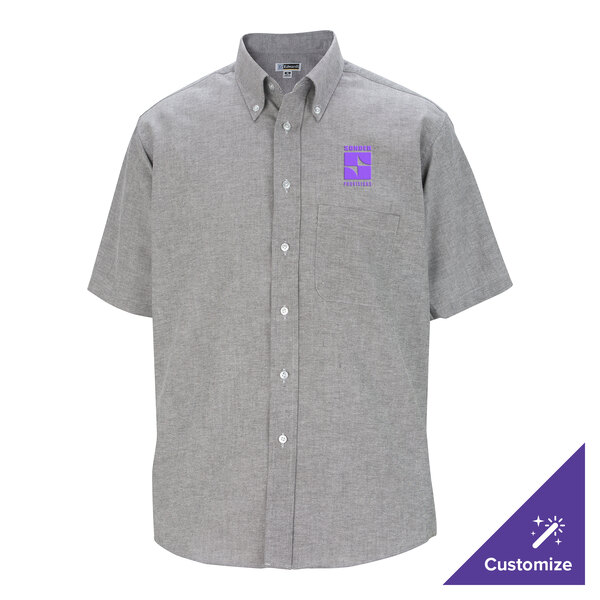 A men's short sleeve gray oxford dress shirt with a button-down collar, front pocket, and customizable logo on the chest.