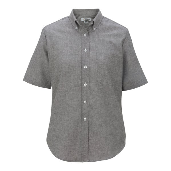 A grey short sleeve Edwards oxford dress shirt for women with a buttoned collar.
