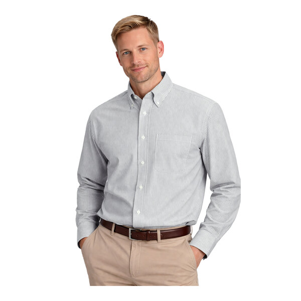 A men's gray stripe long sleeve oxford dress shirt with a button-down collar and front pocket.