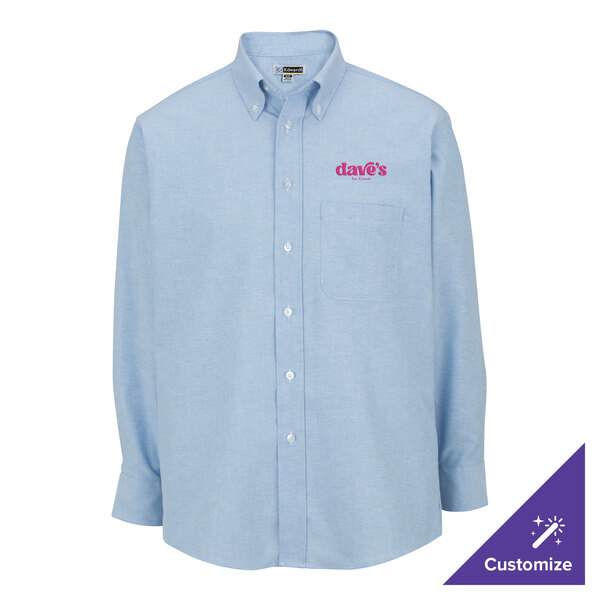 A men's extra large light blue long sleeve oxford dress shirt with a button-down collar, chest pocket, and customizable logo on the chest.
