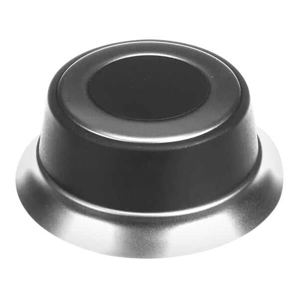 A black and silver metal knob with a round center.