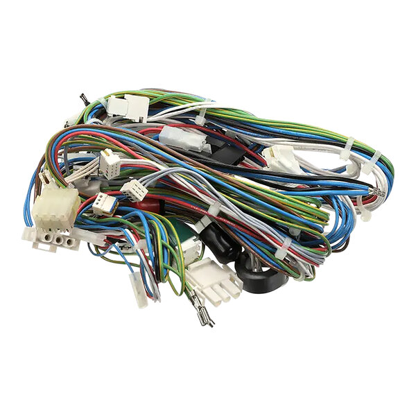 A bunch of colorful wires attached to a white harness.