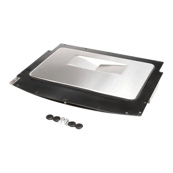 A silver and black rectangular metal plate with screws.