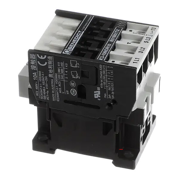 A black and white Rational contactor with two terminals and two wires.