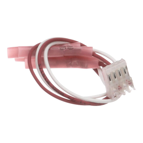 A white wire harness with red and white cables and a white connector.