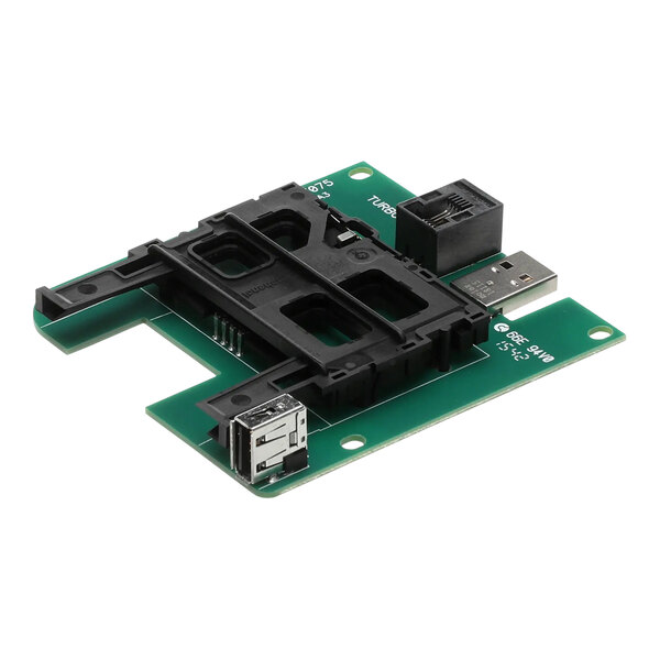 A green circuit board with black plastic connectors for a TurboChef Smart Card-USB Reader/Writer.