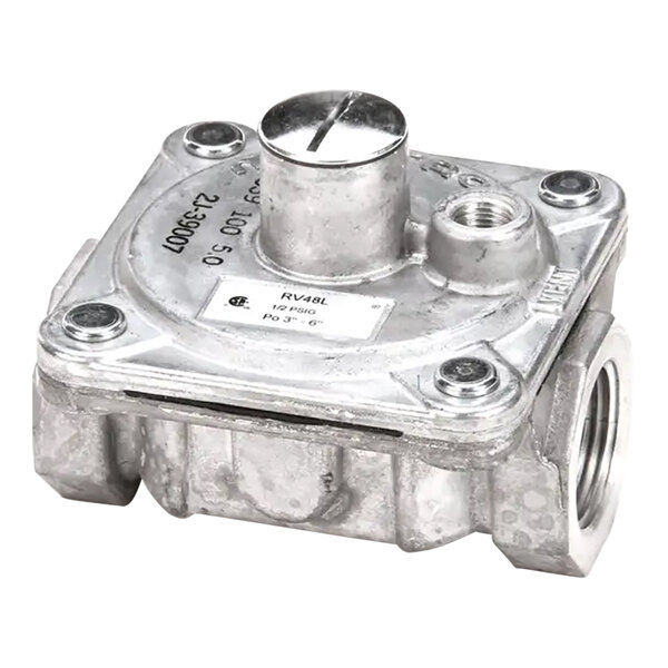 A silver metal Wells gas pressure regulator with screws and a knob.
