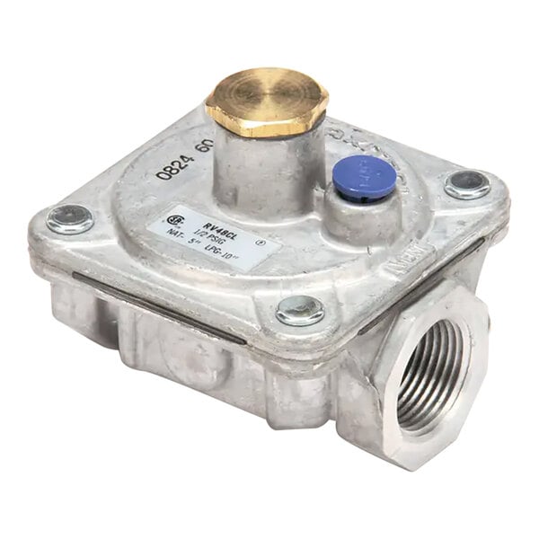 A circular metal gas regulator with a brass knob.