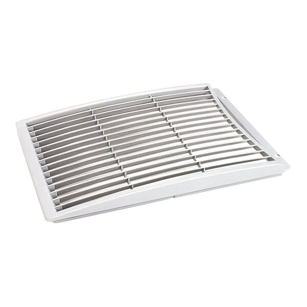 A silver metal louver with slats.