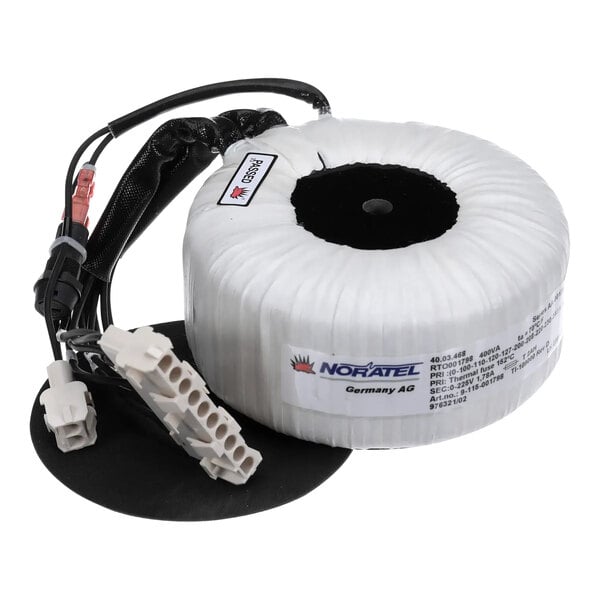 A white coil with black wires.