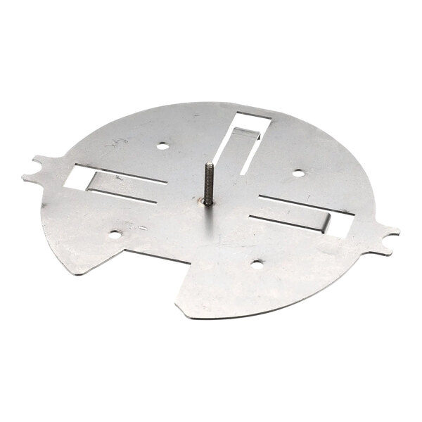 A metal plate with a screw clamp on it.