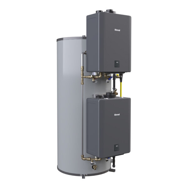 A vertical double water heater system with two mounted units and a large cylindrical storage tank.
