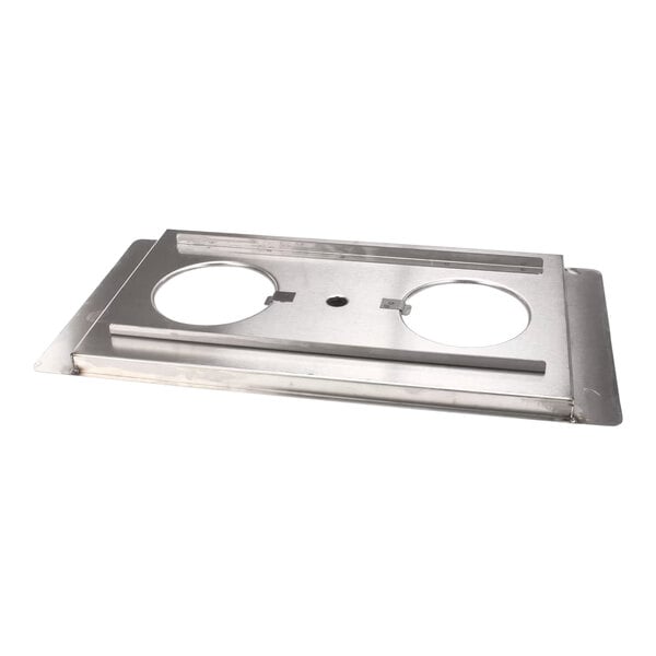 A Wells stainless steel pan top with two holes.