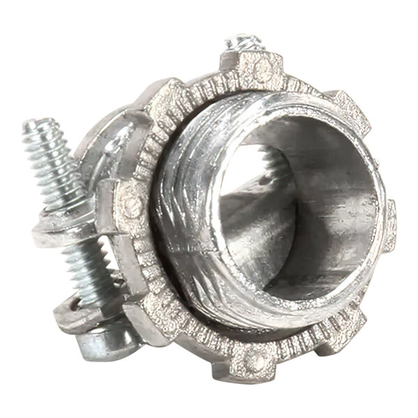 A close-up of a Wells 3/8 straight metal conduit fitting with screws and nuts.