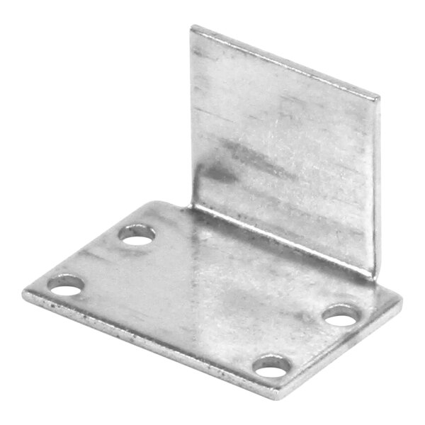 A metal corner bracket with two holes on it.
