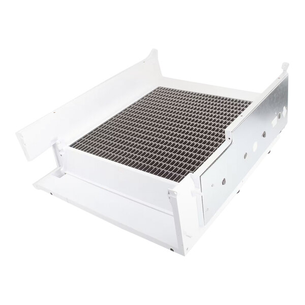 A white rectangular metal tray with a grid.