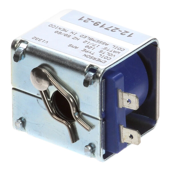 A small metal box with a blue cover.