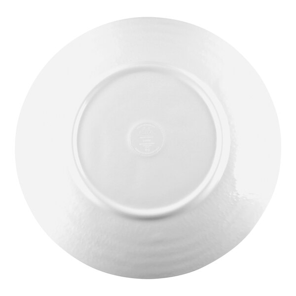 A white round plate with a slightly raised rim, shown from the bottom.